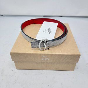 CHRISTIAN LOUBOUTIN Silver Metallic Glitter Logo Buckle Leather Belt